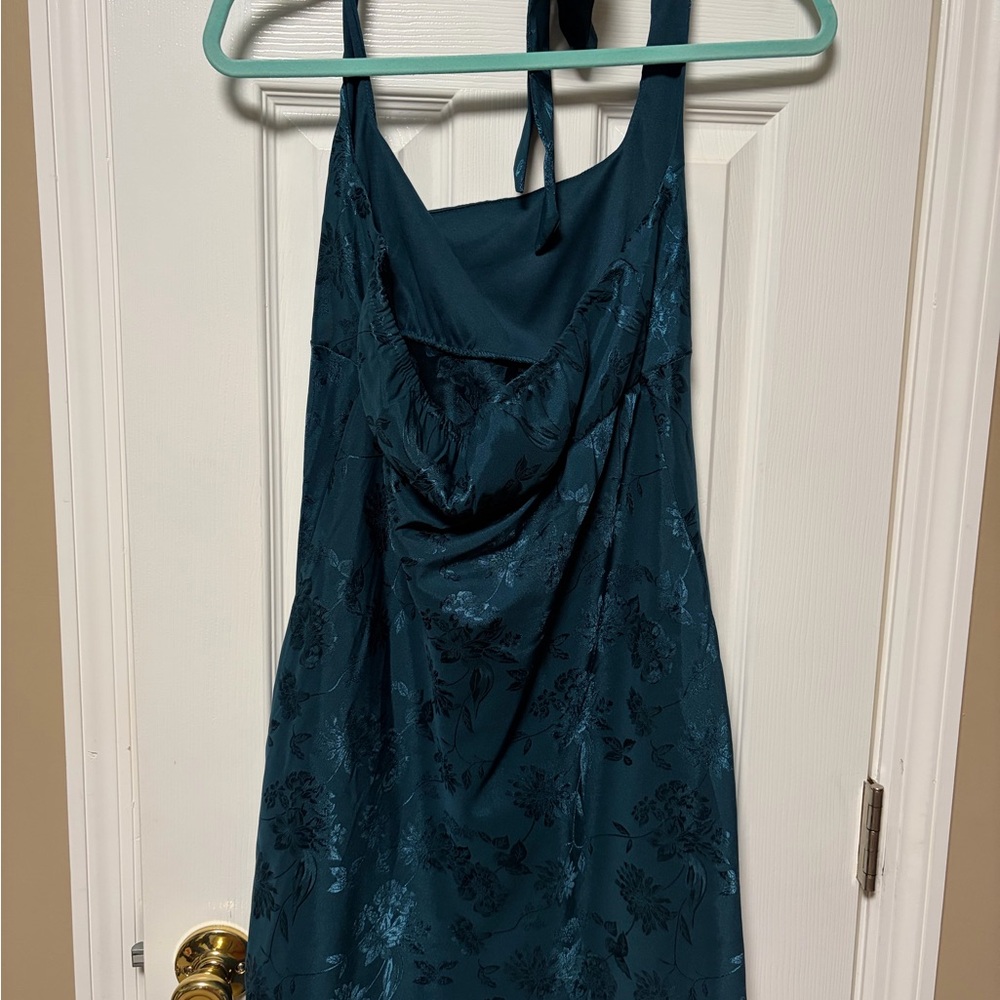 Teal Floral Satin A-Line Dress - Picture 2 of 3